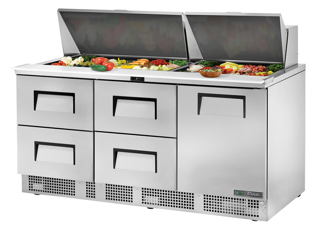 True Refrigeration TFP-72-30M-D-4-HC Prep Table Refrigerators | 30x 1/6 Top Pans | 4 Drawers + 1 Solid Swing Door | 708 Litres