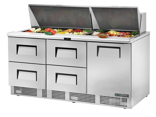 True Refrigeration TFP-72-30M-D-4-HC Prep Table Refrigerators | 30x 1/6 Top Pans | 4 Drawers + 1 Solid Swing Door | 708 Litres