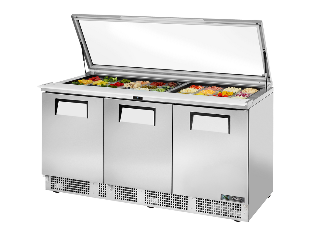 True Refrigeration TFP-72-30M-FGLID-HC Glass Lid Prep Table Refrigerators | 30x 1/6 Top Pans | 3 Solid Swing Doors | 708 Litres