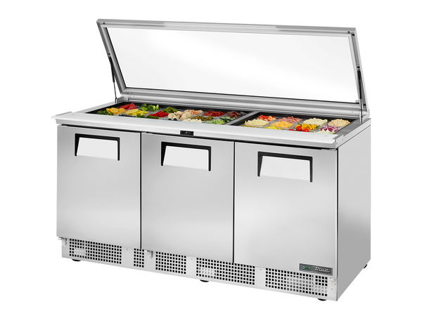 True Refrigeration TFP-72-30M-FGLID-HC Glass Lid Prep Table Refrigerators | 30x 1/6 Top Pans | 3 Solid Swing Doors | 708 Litres