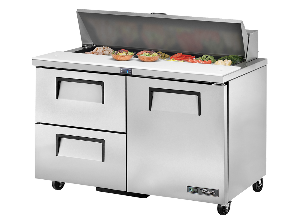 True Refrigeration TSSU-48-12D-2-HC Prep Table Refrigerators | 12x 1/6 Top Pans | 2 Drawers + 1 Solid Swing Door | 340 Litres