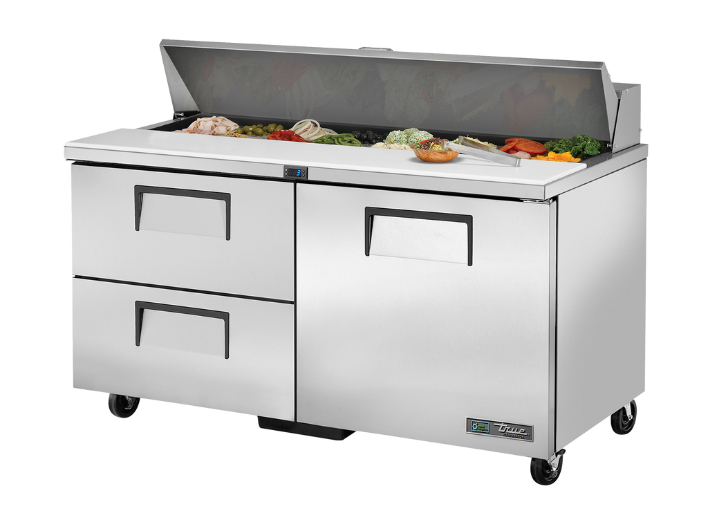 True Refrigeration TSSU-60-16D-2-HC Prep Table Refrigerators | 16x 1/6 Top Pans | 2 Drawers + 1 Solid Swing Door | 439 Litres