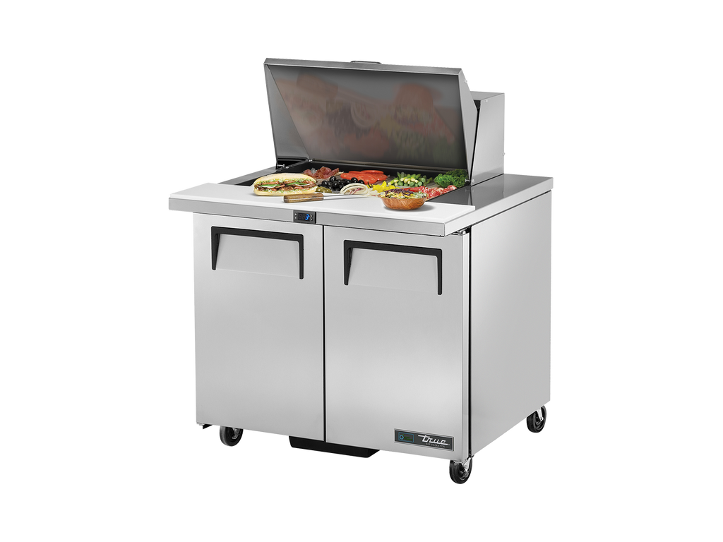 True Refrigeration TSSU-36-12M-B-HC Prep Table Refrigerators | 12x 1/6 Top Pans | 2 Solid Swing Door | Mega Tops | 240 Litres