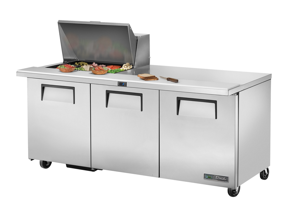True Refrigeration TSSU-72-12M-B-HC Prep Table Refrigerators | 12x 1/6 Top Pans | 3 Solid Swing Door | Mega Tops | 538 Litres