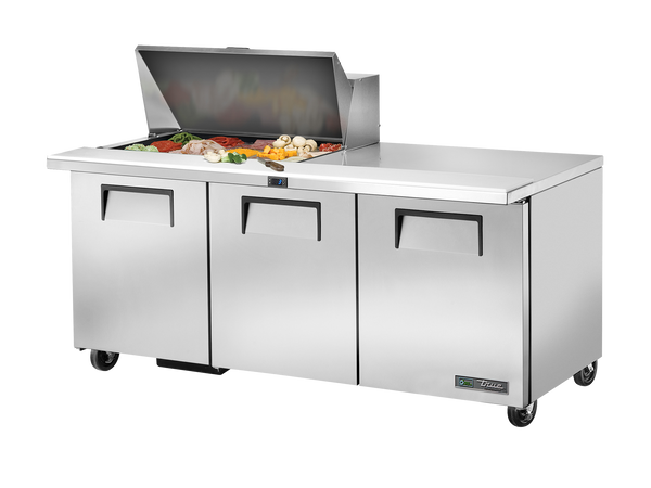 True Refrigeration TSSU-72-15M-B-HC Prep Table Refrigerators | 15x 1/6 Top Pans | 3 Solid Swing Door | Mega Tops | 538 Litres