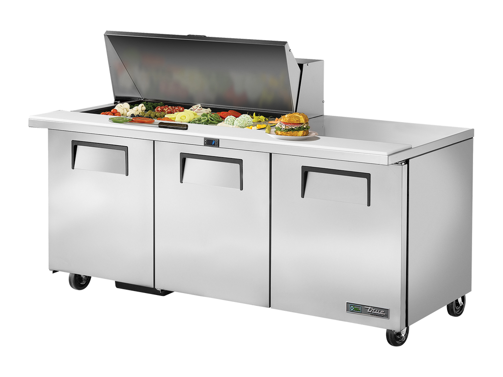 True Refrigeration TSSU-72-18M-B-HC Prep Table Refrigerators | 18x 1/6 Top Pans | 3 Solid Swing Door | Mega Tops | 538 Litres