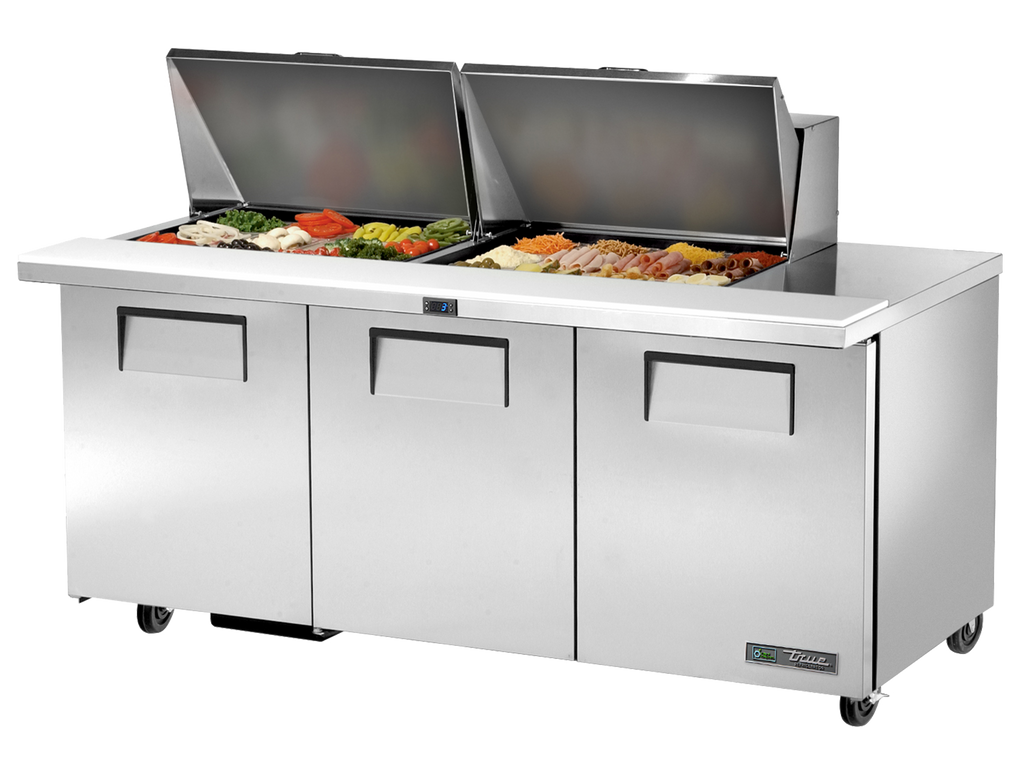 True Refrigeration TSSU-72-24M-B-ST-HC Prep Table Refrigerators | 24x 1/6 Top Pans | 3 Solid Swing Door | Mega Tops | 538 Litres