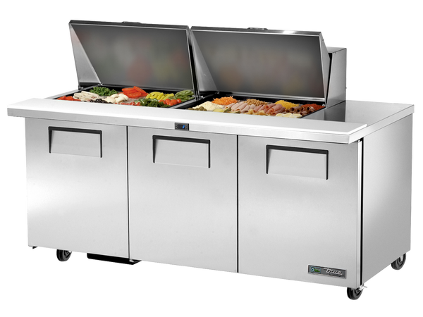 True Refrigeration TSSU-72-24M-B-ST-HC Prep Table Refrigerators | 24x 1/6 Top Pans | 3 Solid Swing Door | Mega Tops | 538 Litres
