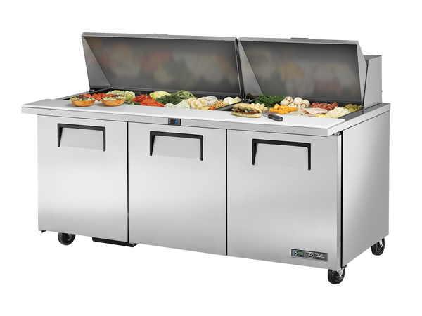 True Refrigeration TSSU-72-30M-B-ST-HC Prep Table Refrigerators | 30x 1/6 Top Pans | 3 Solid Swing Door | Mega Tops | 538 Litres
