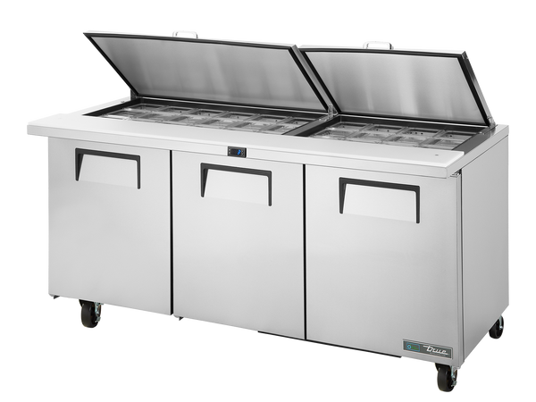 True Refrigeration TSSU-72-30M-B-ST-HC FLID Prep Table Refrigerators | 30x 1/6 Top Pans | 3 Solid Swing Door | Removable lids | 538 Litres