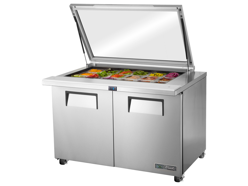True Refrigeration TSSU-48-18M-B-FGLID-HC Glass Lid Prep Table Refrigerators | 18x 1/6 Top Pans | 2 Solid Swing Door | 340 Litres