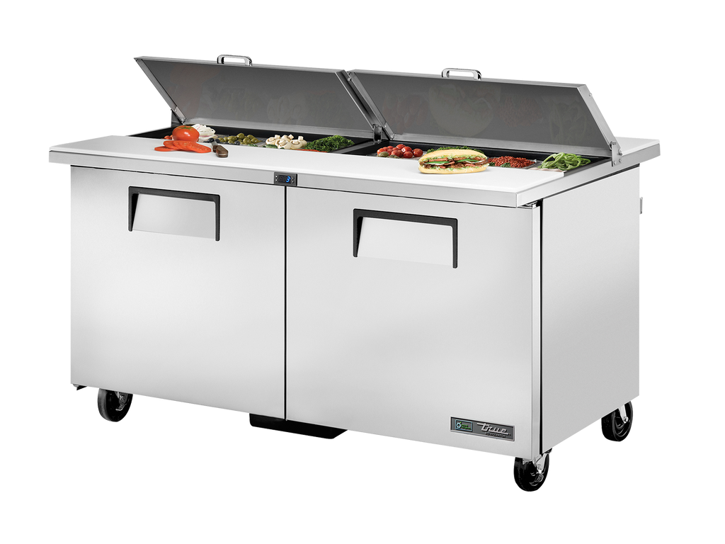 True Refrigeration TSSU-60-16-DS-ST-HC Dual-Sided Prep Table Refrigerators | 16x 1/6 Top Pans | 2 Solid Swing Door | 439 Litres
