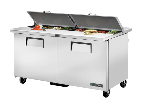 True Refrigeration TSSU-60-16-DS-ST-HC Dual-Sided Prep Table Refrigerators | 16x 1/6 Top Pans | 2 Solid Swing Door | 439 Litres