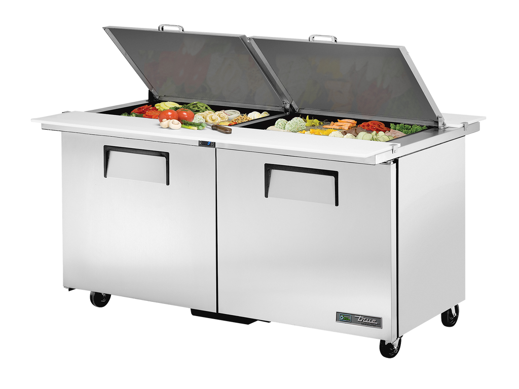 True Refrigeration TSSU-60-24M-B-DS-ST-HC Dual-Sided Prep Table Refrigerators | 24x 1/6 Top Pans | 2 Solid Swing Door | 439 Litres