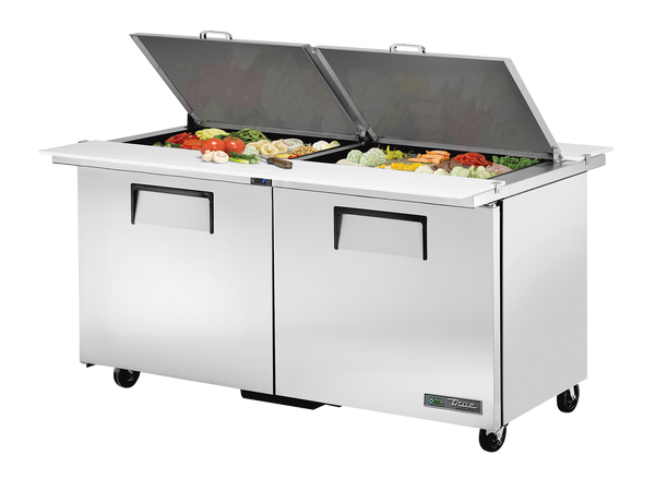 True Refrigeration TSSU-60-24M-B-DS-ST-HC Dual-Sided Prep Table Refrigerators | 24x 1/6 Top Pans | 2 Solid Swing Door | 439 Litres