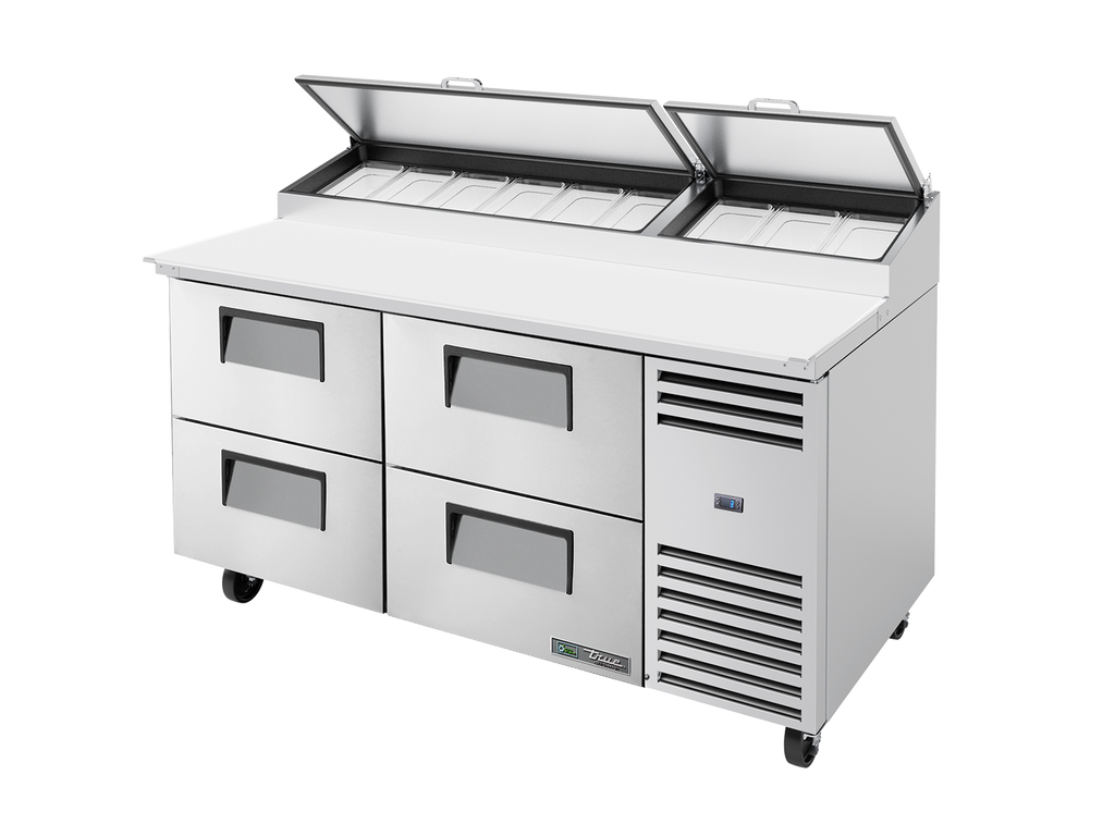 True Refrigeration TPP-AT-67D-4-HC Pizza Prep Table Refrigerator | 9x 1/3 Top Pans | 4 Drawers | 583 Litres