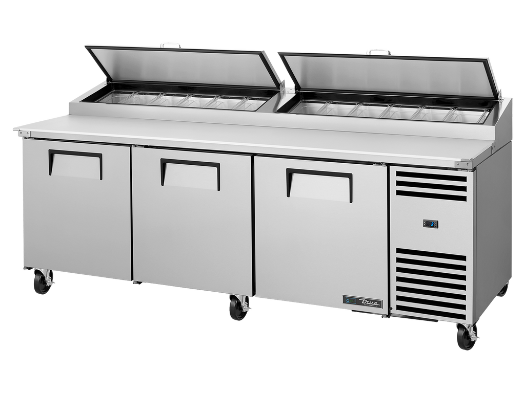 True Refrigeration TPP-AT2-93-HC Pizza Prep Table Refrigerator | 12x 1/3 Top Pans | 3 Solid Swing Doors | 875 Litres