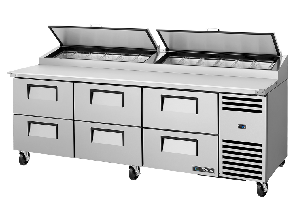 True Refrigeration TPP-AT2-93D-6-HC Pizza Prep Table Refrigerator | 12x 1/3 Top Pans | 6 Drawers | 875 Litres