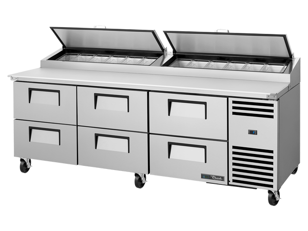 True Refrigeration TPP-AT2-93D-6-HC Pizza Prep Table Refrigerator | 12x 1/3 Top Pans | 6 Drawers | 875 Litres