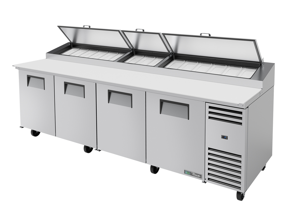 True Refrigeration TPP-AT-119-HC Pizza Prep Table Refrigerator | 15x 1/3 Top Pans | 4 Solid Swing Doors | 1124 Litres