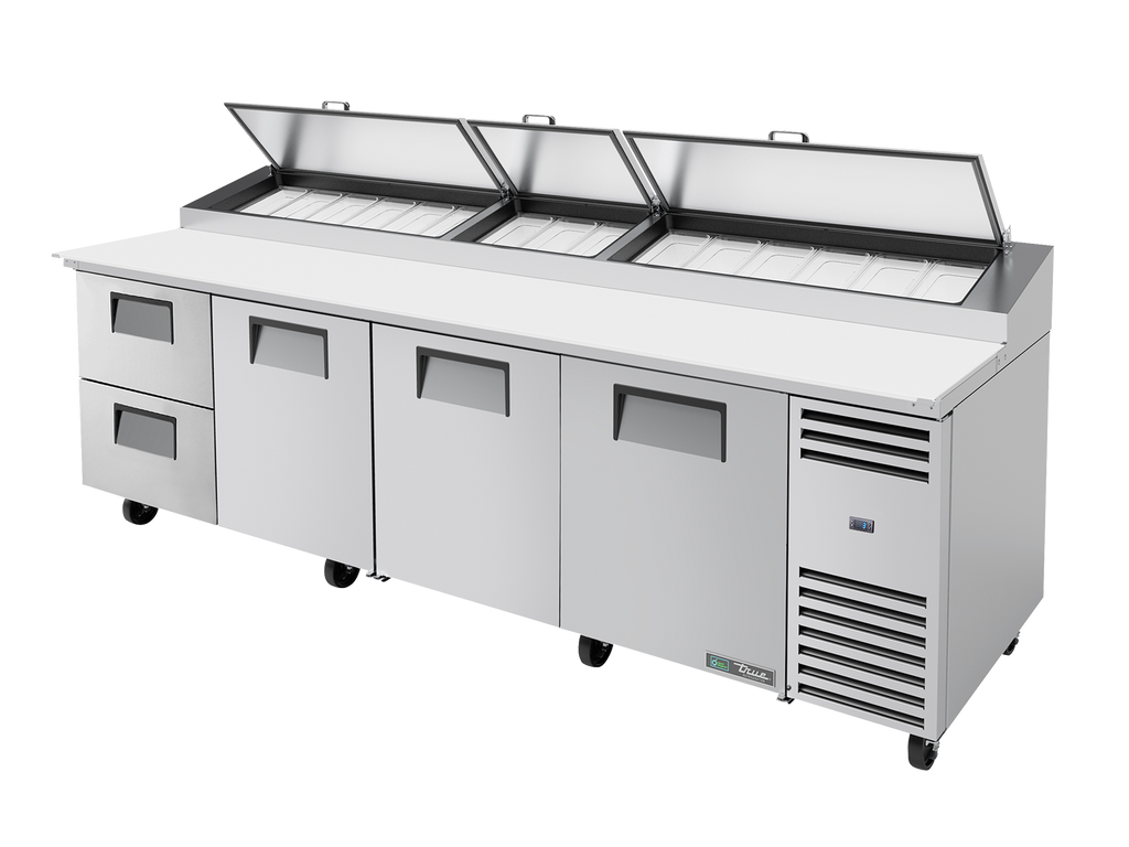 True Refrigeration TPP-AT-119D-2-HC Pizza Prep Table Refrigerator | 15x 1/3 Top Pans | 2 Drawers + 3 Solid Swing Doors | 1124 Litres