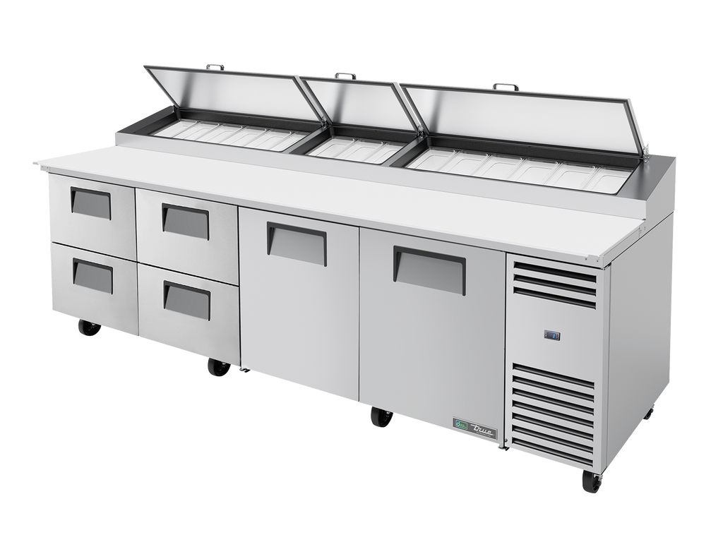 True Refrigeration TPP-AT-119D-4-HC Pizza Prep Table Refrigerator | 15x 1/3 Top Pans | 4 Drawers + 2 Solid Swing Doors | 1124 Litres