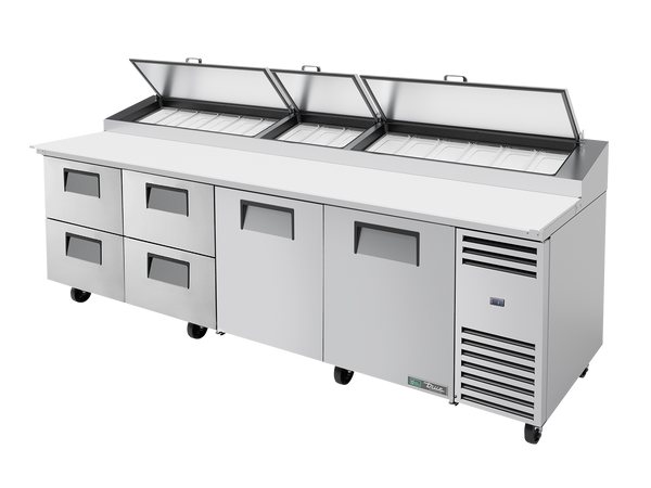 True Refrigeration TPP-AT-119D-4-HC Pizza Prep Table Refrigerator | 15x 1/3 Top Pans | 4 Drawers + 2 Solid Swing Doors | 1124 Litres