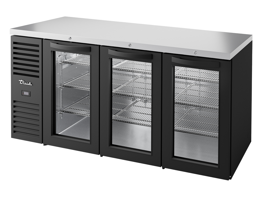 True Refrigeration TBR72-RISZ1-L-B-GGG-2 Bar Refrigerator | 3 Glass Swing Doors | Black | 660 Litres