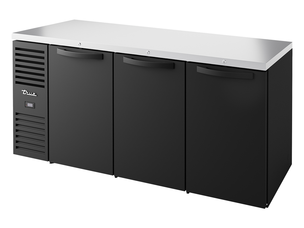 True Refrigeration TBR72-RISZ1-L-B-SSS-2 Bar Refrigerator | 3 Solid Swing Doors | Black | 660 Litres