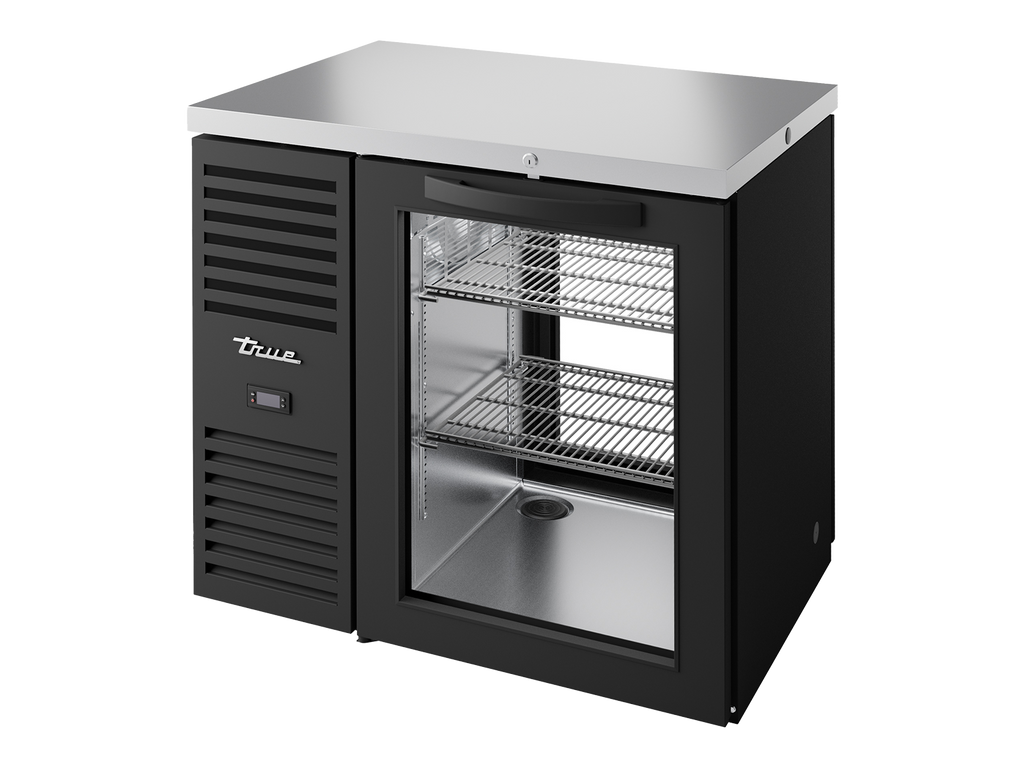 True Refrigeration TBR36-PTSZ1-L-B-G-G-2 | Pass-Thru Bar Refrigerator | 1 Glass Swing Door Front | 1 Glass Swing Door Rear | Black | 350 Litres
