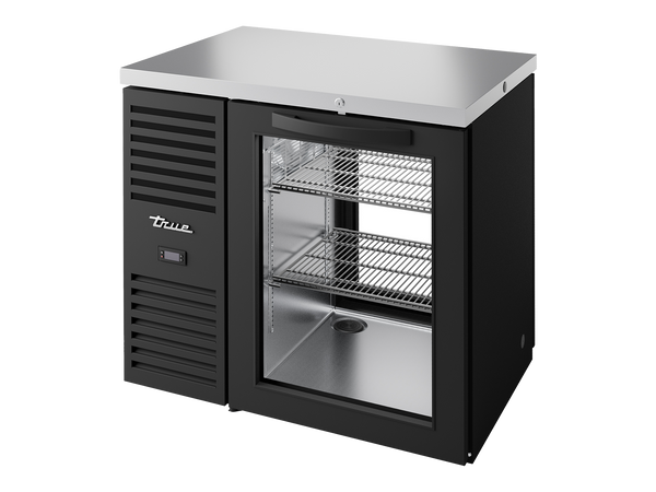 True Refrigeration TBR36-PTSZ1-L-B-G-G-2 | Pass-Thru Bar Refrigerator | 1 Glass Swing Door Front | 1 Glass Swing Door Rear | Black | 350 Litres