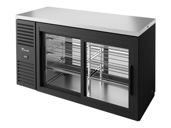 True Refrigeration TBR60-PTSZ1-L-B-11-11-2 | Pass-Thru Bar Refrigerator | 2 Glass Slide Doors Front | 2 Glass Slide Door Rear | Black | 550 Litres