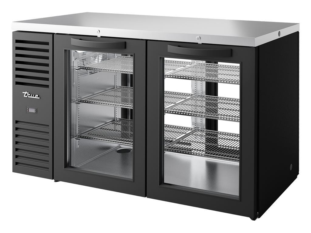 True Refrigeration TBR60-PTSZ1-L-B-GG-GG-2 | Pass-Thru Bar Refrigerator | 2 Glass Swing Doors Front | 2 Glass Swing Door Rear | Black | 550 Litres