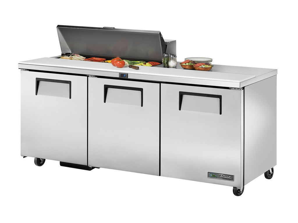 True Refrigeration TSSU-72-10-HC Prep Table Refrigerators | 10x 1/6 Top Pans | 3 Solid Swing Doors | 538 Litres