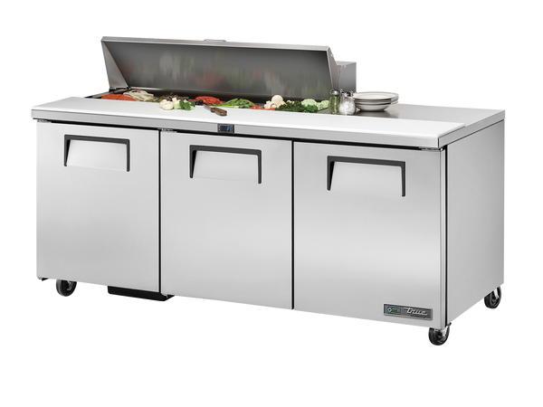 True Refrigeration TSSU-72-12-HC Prep Table Refrigerators | 12x 1/6 Top Pans | 3 Solid Swing Doors | 538 Litres