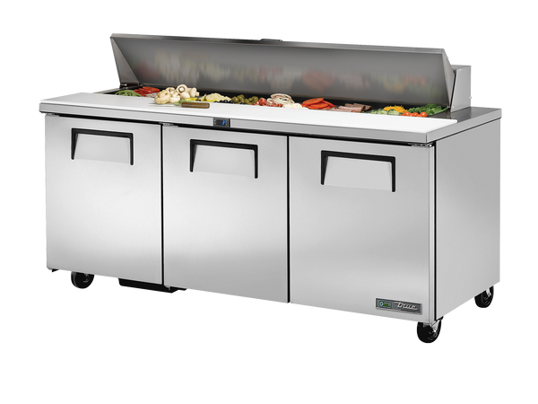 True Refrigeration TSSU-72-18-HC Prep Table Refrigerators | 18x 1/6 Top Pans | 3 Solid Swing Doors | 538 Litres
