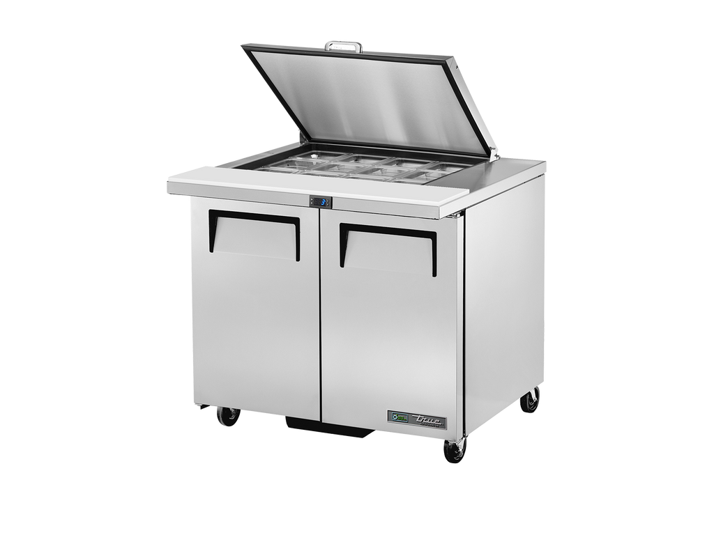 True Refrigeration TSSU-36-12M-B-HC FLID Prep Table Refrigerators | 12x 1/6 Top Pans | 2 Solid Swing Door | Removable lids | 240 Litres