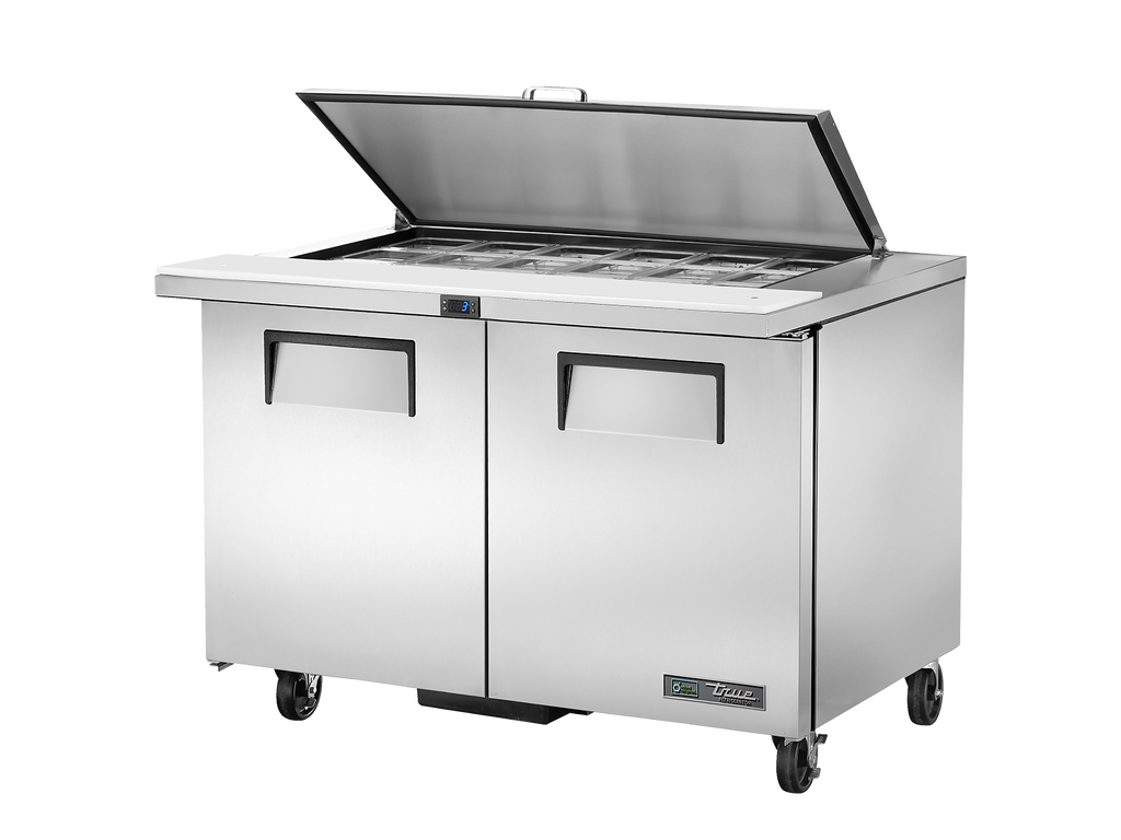 True Refrigeration TSSU-48-18M-B-HC FLID Prep Table Refrigerators | 18x 1/6 Top Pans | 2 Solid Swing Door | Removable lids | 340 Litres