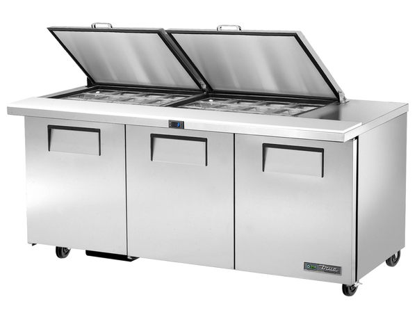 True Refrigeration TSSU-72-24M-B-ST-HC FLID Prep Table Refrigerators | 24x 1/6 Top Pans | 3 Solid Swing Door | Removable lids | 538 Litres