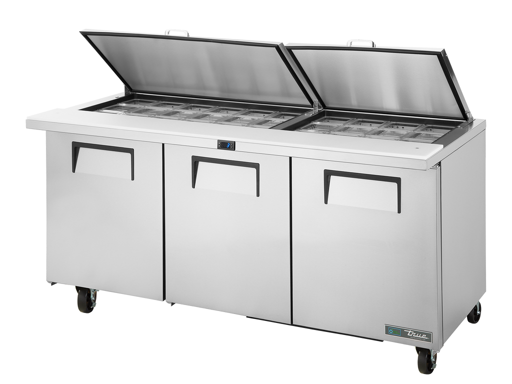 True Refrigeration TSSU-72-30M-B-ST-HC FLID Prep Table Refrigerators | 30x 1/6 Top Pans | 3 Solid Swing Door | Removable lids | 538 Litres