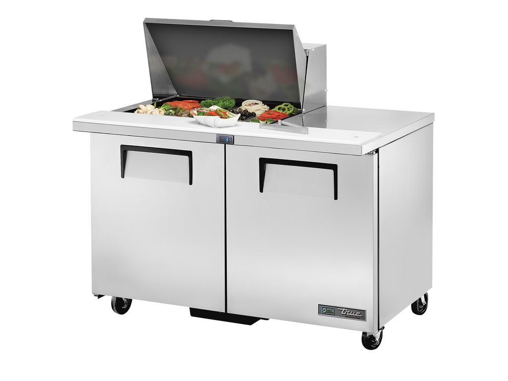 True Refrigeration TSSU-48-12M-B-HC Prep Table Refrigerators | 12x 1/6 Top Pans | 2 Solid Swing Door | Mega Tops | 340 Litres