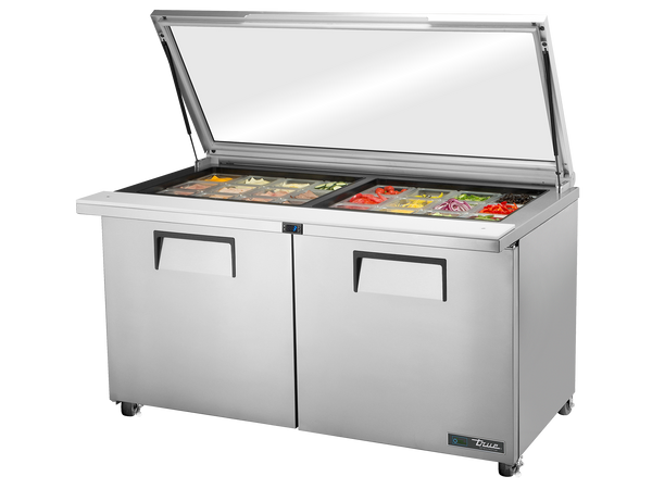 True Refrigeration TSSU-60-24M-B-ST-FGLID-HC Glass Lid Prep Table Refrigerators | 24x 1/6 Top Pans | 2 Solid Swing Door | 439 Litres