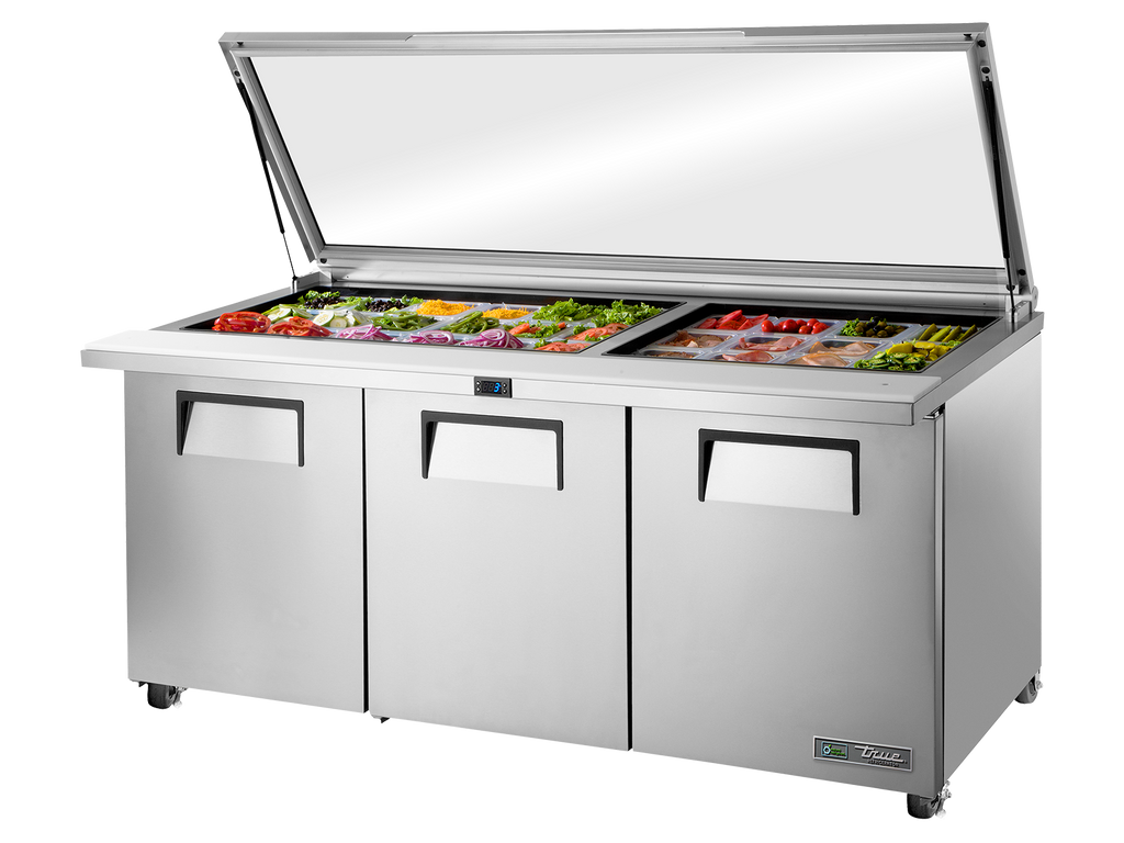 True Refrigeration TSSU-72-30M-B-ST-FGLID-HC Glass Lid Prep Table Refrigerators | 30x 1/6 Top Pans | 3 Solid Swing Door | 538 Litres