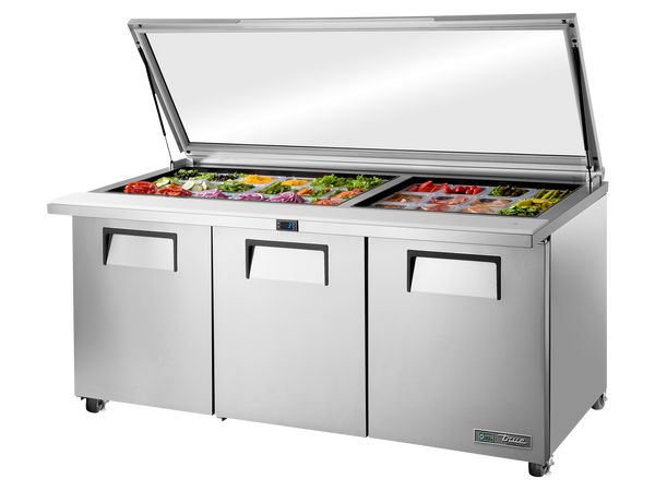 True Refrigeration TSSU-72-30M-B-ST-FGLID-HC Glass Lid Prep Table Refrigerators | 30x 1/6 Top Pans | 3 Solid Swing Door | 538 Litres