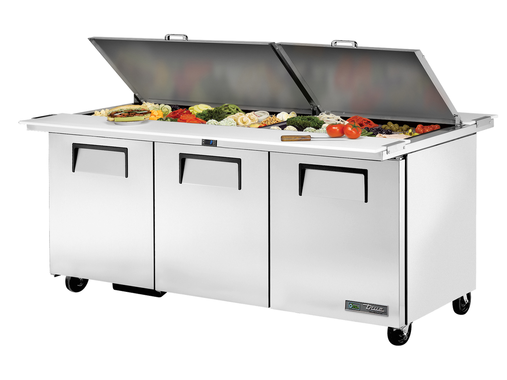 True Refrigeration TSSU-72-30M-B-DS-ST-HC Dual-Sided Prep Table Refrigerators | 30x 1/6 Top Pans | 3 Solid Swing Door | 538 Litres