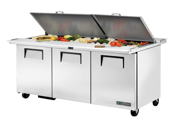 True Refrigeration TSSU-72-30M-B-DS-ST-HC Dual-Sided Prep Table Refrigerators | 30x 1/6 Top Pans | 3 Solid Swing Door | 538 Litres