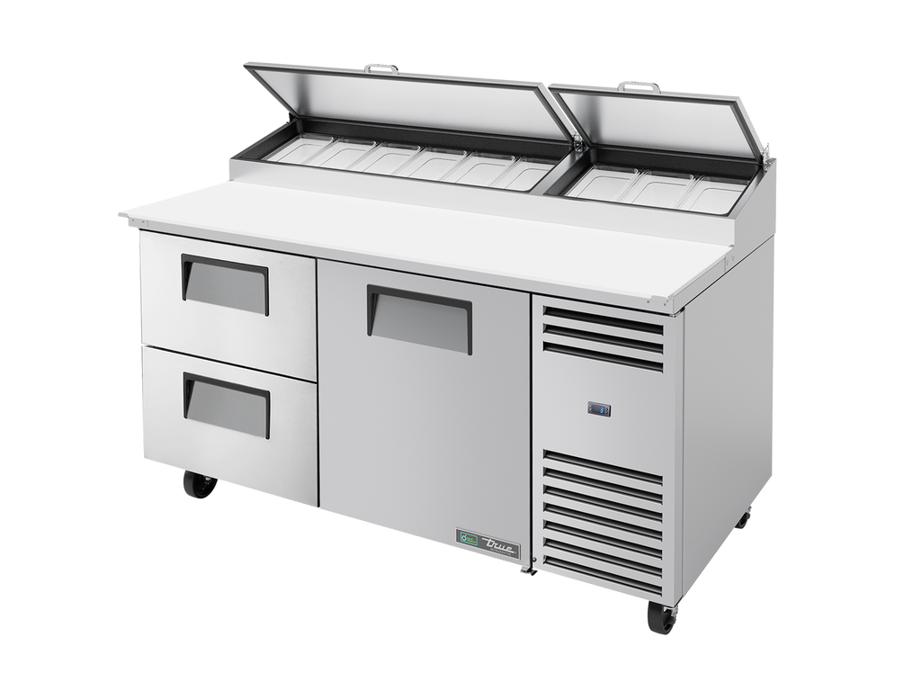 True Refrigeration TPP-AT-67D-2-HC Pizza Prep Table Refrigerator | 9x 1/3 Top Pans | 2 Drawers + 1 Solid Swing Door | 583 Litres