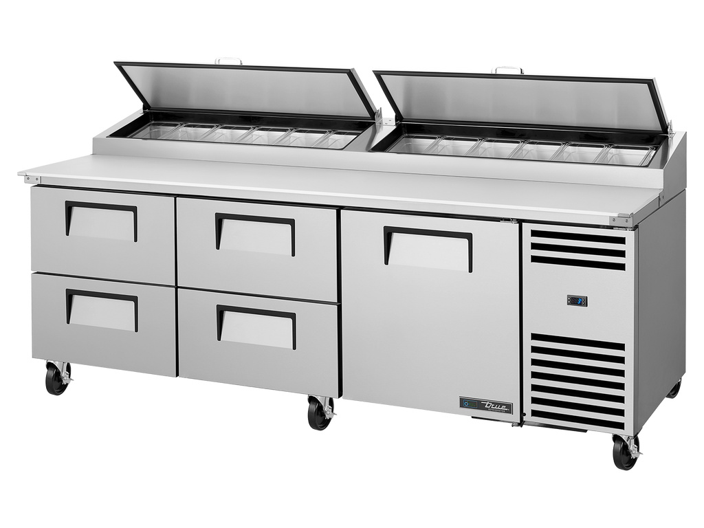 True Refrigeration TPP-AT2-93D-4-HC Pizza Prep Table Refrigerator | 12x 1/3 Top Pans | 4 Drawers + 1 Solid Swing Door | 875 Litres