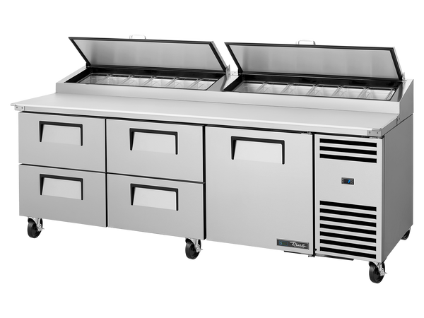 True Refrigeration TPP-AT2-93D-4-HC Pizza Prep Table Refrigerator | 12x 1/3 Top Pans | 4 Drawers + 1 Solid Swing Door | 875 Litres