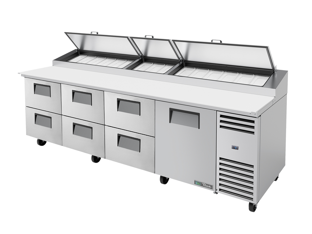 True Refrigeration TPP-AT-119D-6-HC Pizza Prep Table Refrigerator | 15x 1/3 Top Pans | 6 Drawers + 1 Solid Swing Door | 1124 Litres
